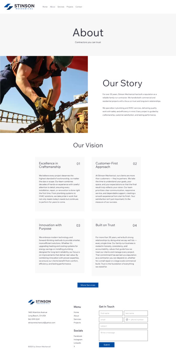 about page built with Wix highlighting Stinson Mechanical’s family-run business and industry experience