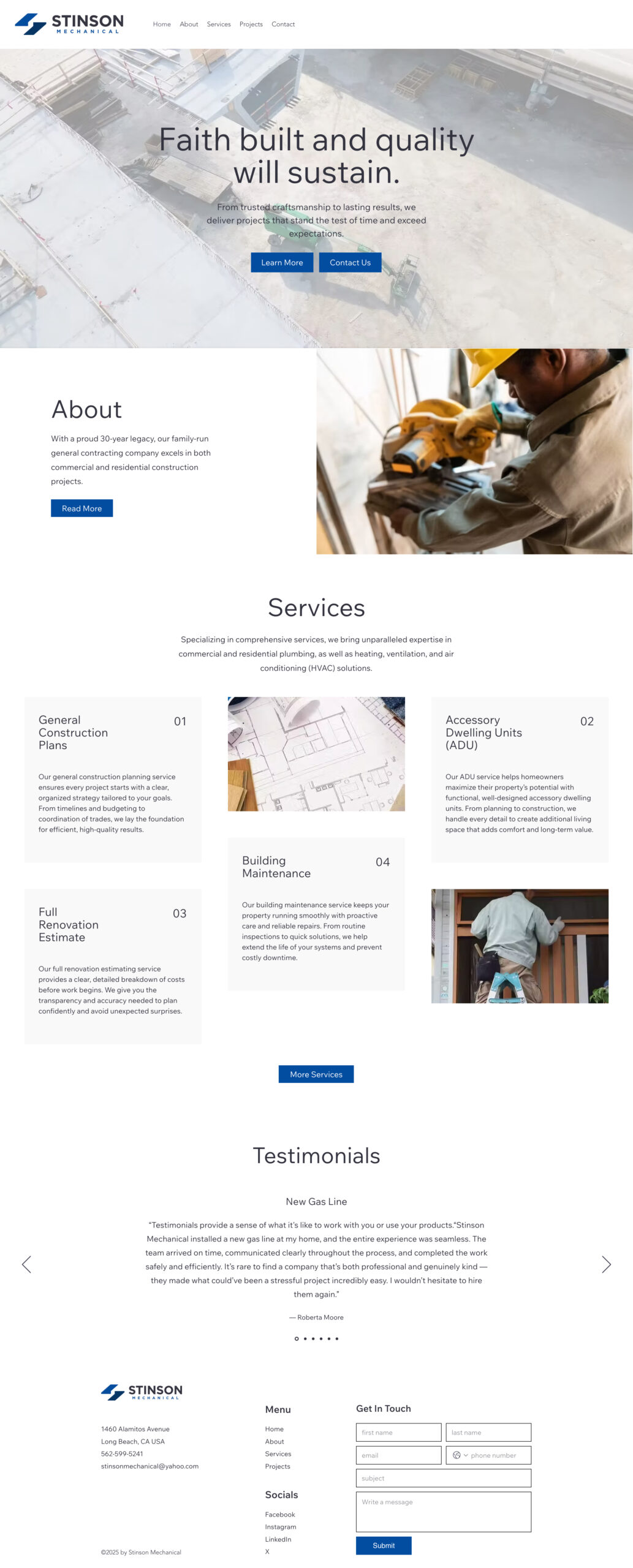 homepage design for Stinson Mechanical website featuring about us, services, testimonials, and clear call-to-action