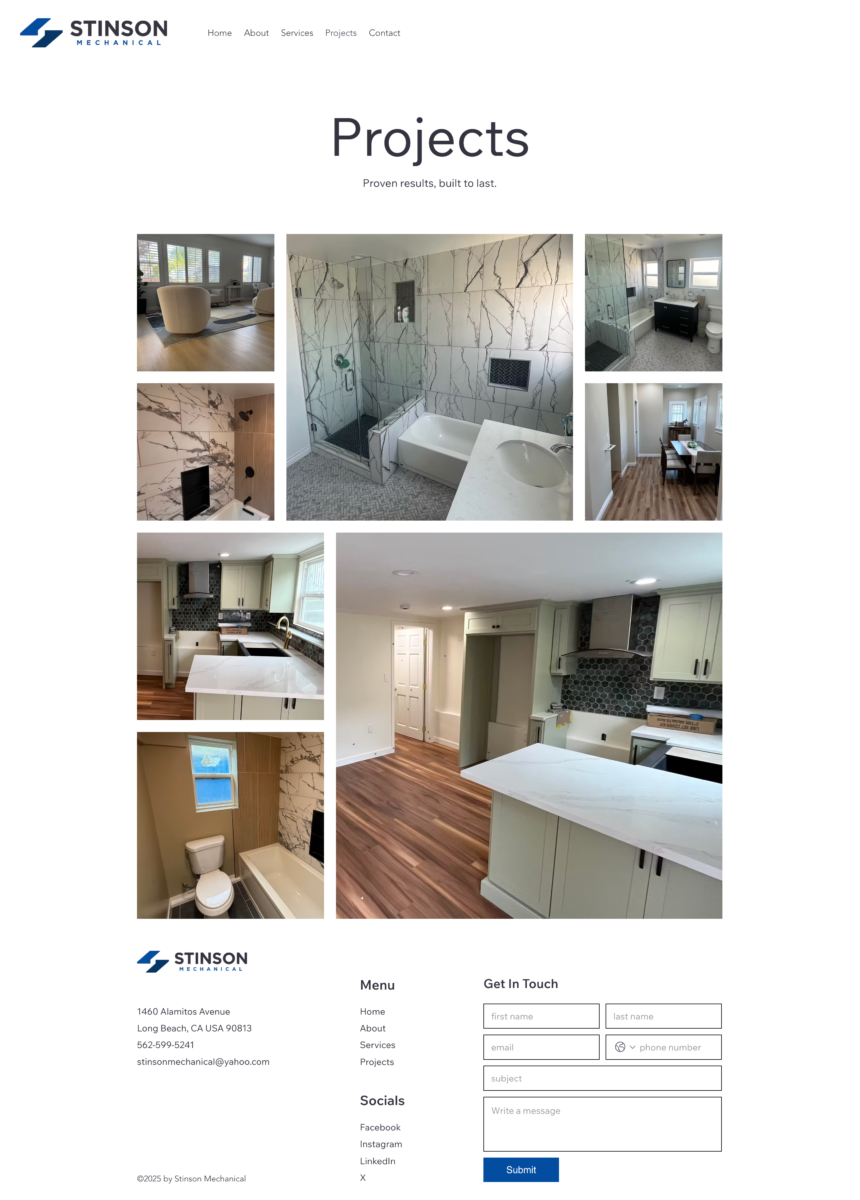 Projects page layout showcasing HVAC, plumbing, and construction offerings with structured content sections