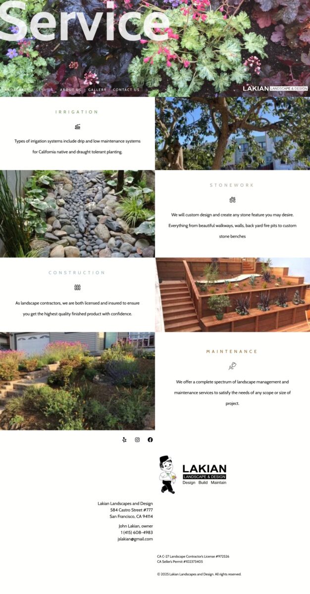 Services page design for landscaping company website San Francisco