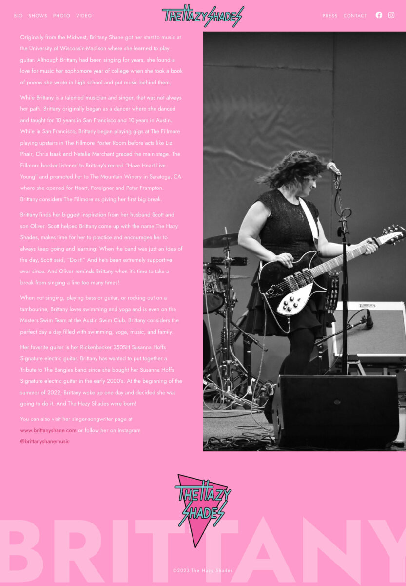 Band member bio page design for The Hazy Shades website with individual profiles and performance details