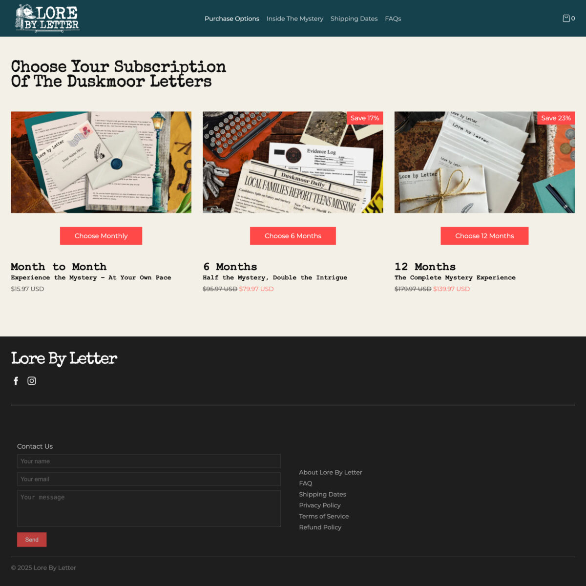 Subscription options page design for Lore by Letter featuring membership tiers and pricing layout for creative content service