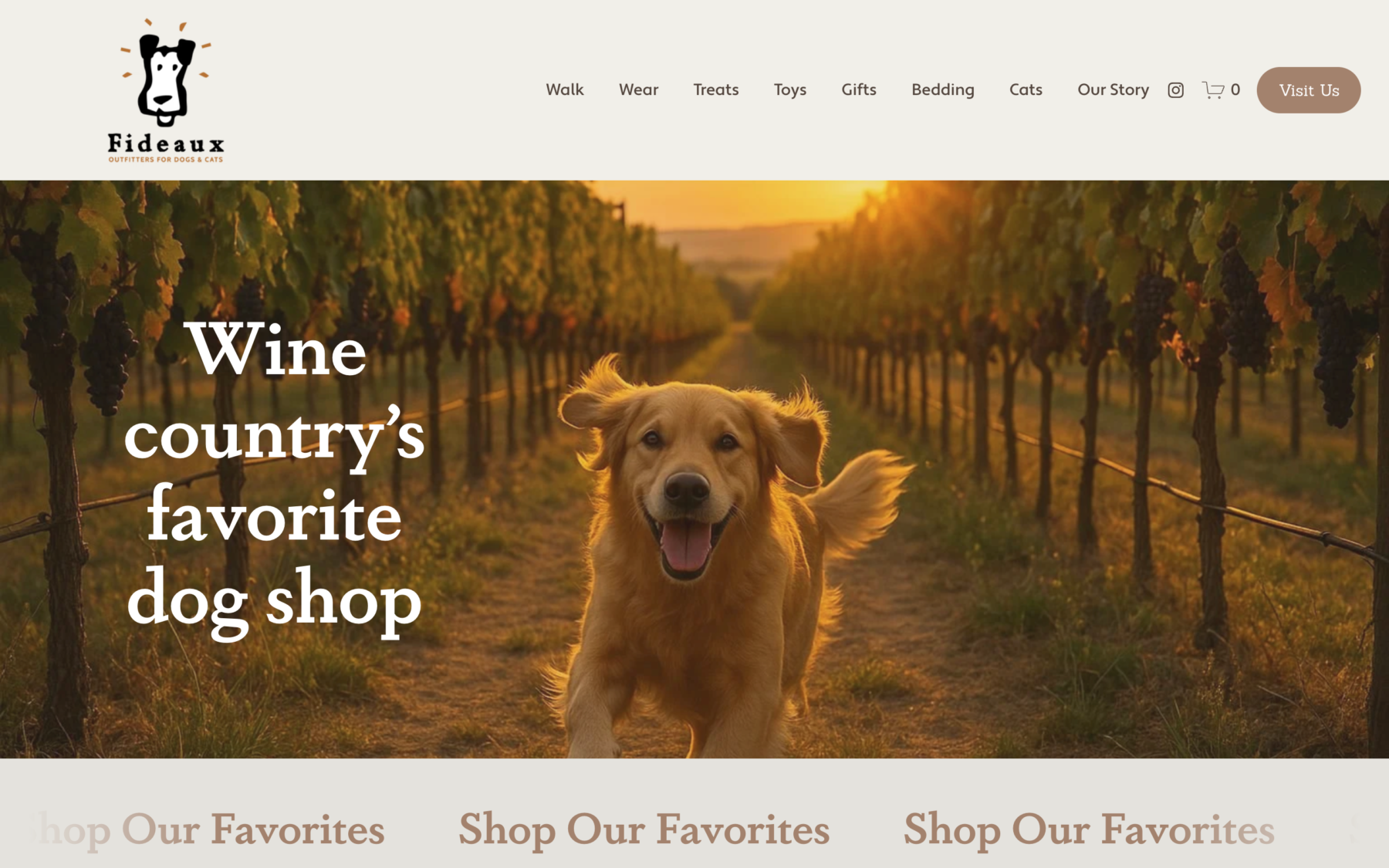pet store's home page featuring their happy dog logo