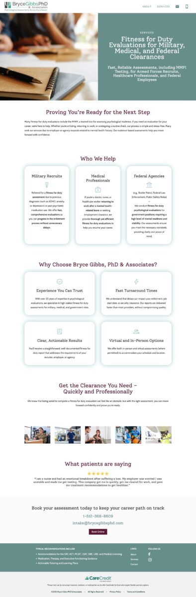 Psychological assessment services page for Dr Bryce Gibbs showing cognitive academic and emotional testing information