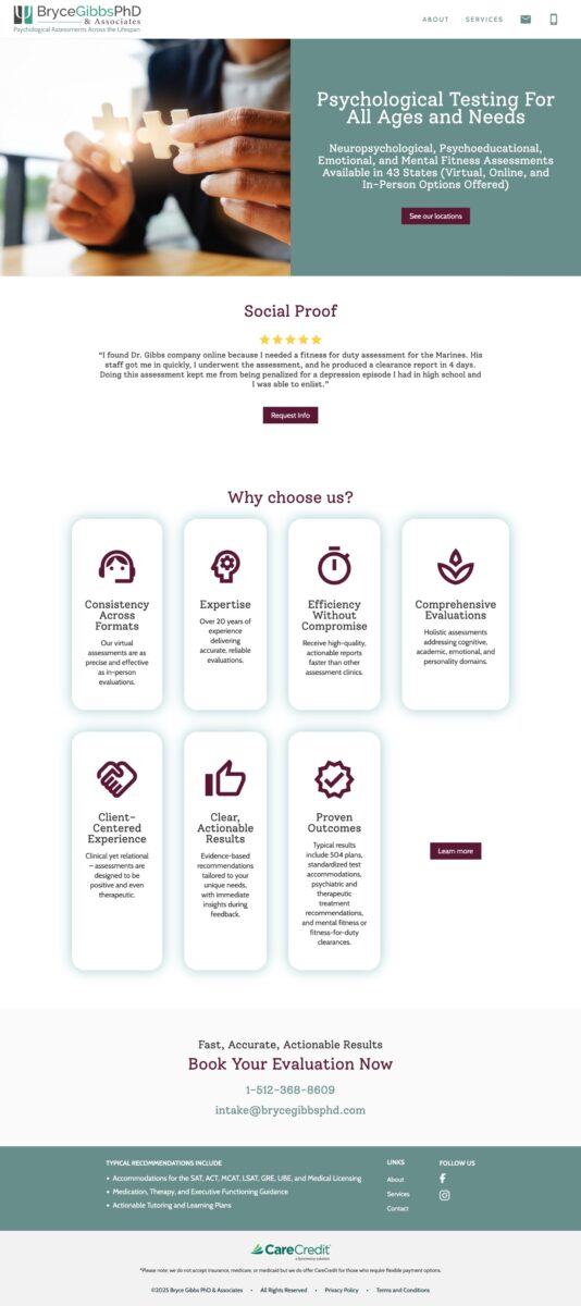 Full homepage design for Dr Bryce Gibbs psychologist website highlighting services and professional layout