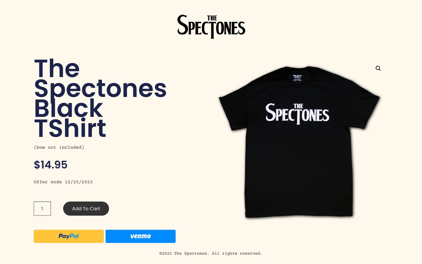 WooCommerce product page design for band merchandise t-shirt on The Spectones musician website