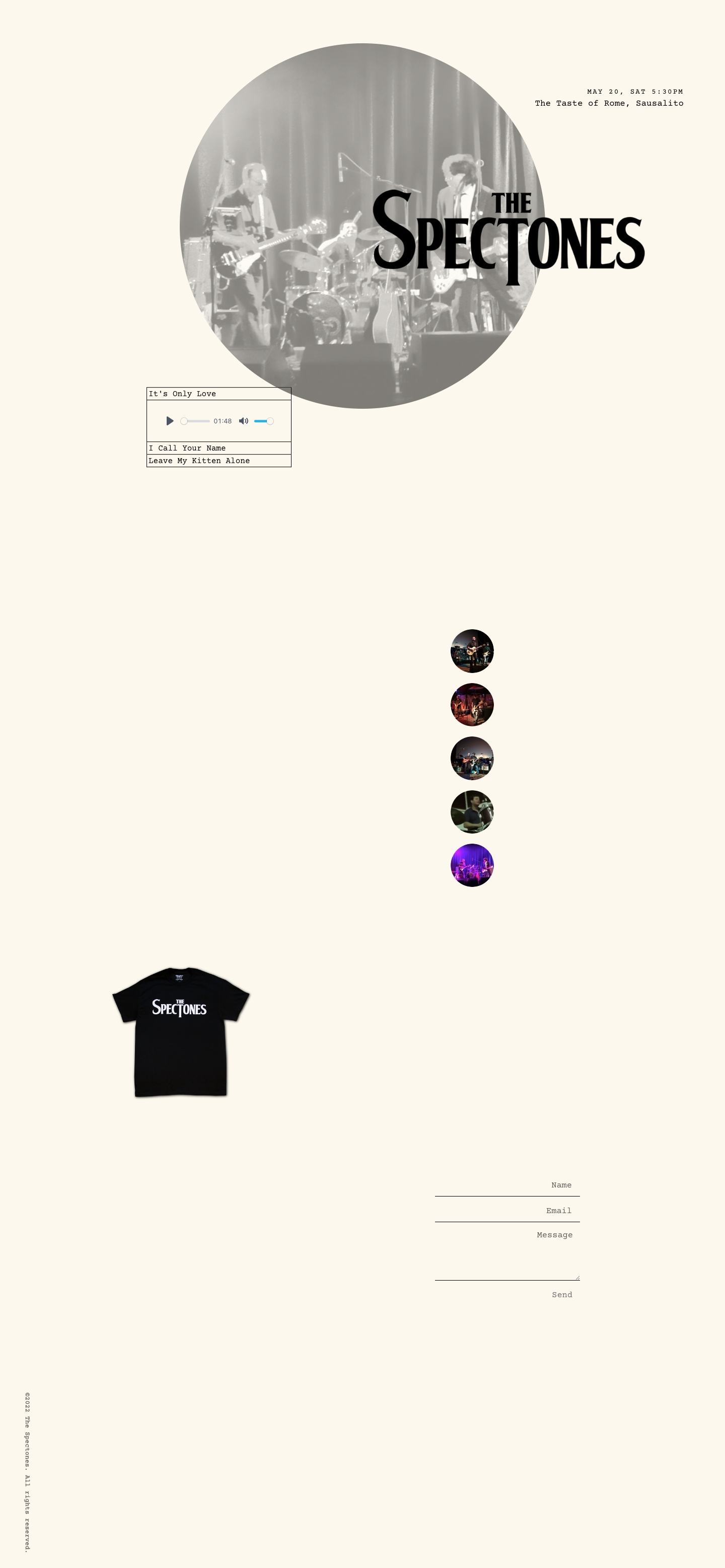 Homepage web design for garage band The Spectones featuring musician branding and music-focused layout