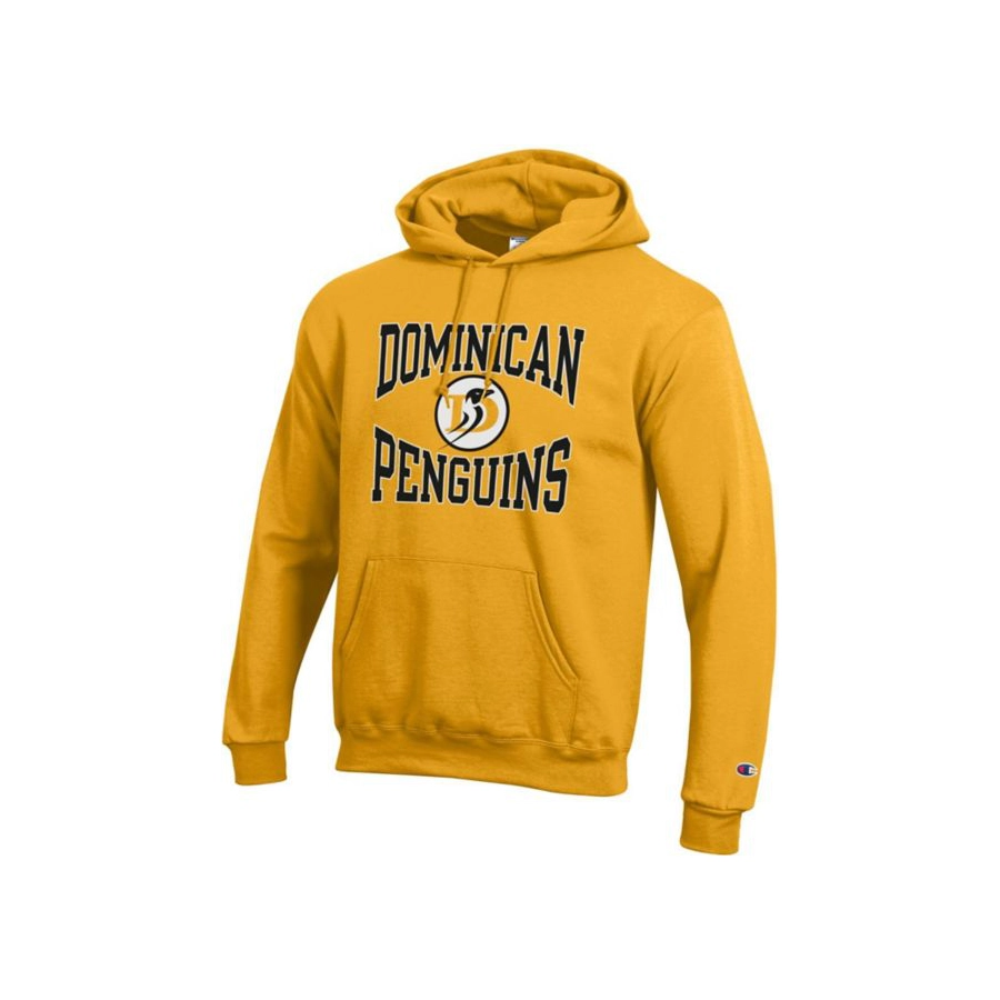 yellow hooded sweatshirt with dominican penguins logo design
