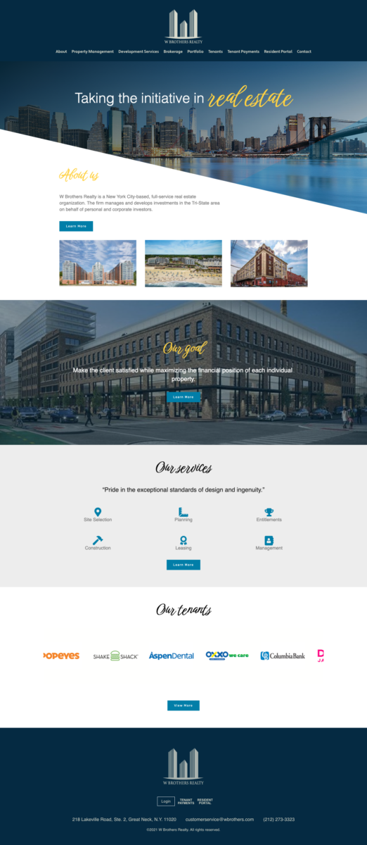 Modern homepage design for W Brothers Realty featuring property search, branding, and clean navigation layout