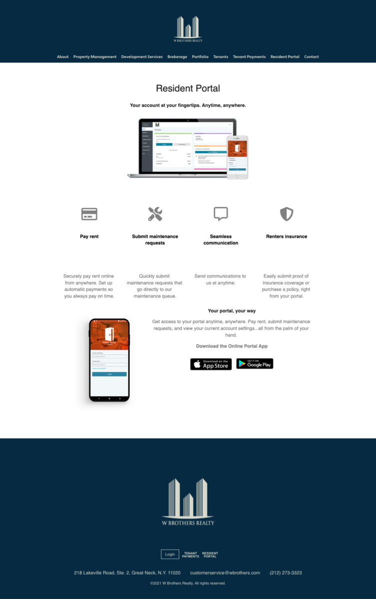 Resident portal interface for W Brothers Realty showing online payments, maintenance requests, and account management
